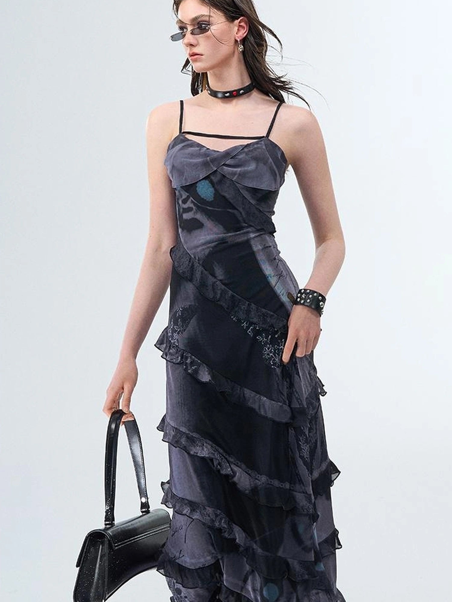 OfAkiva Floral Print Mesh French Slip V-neck Dress