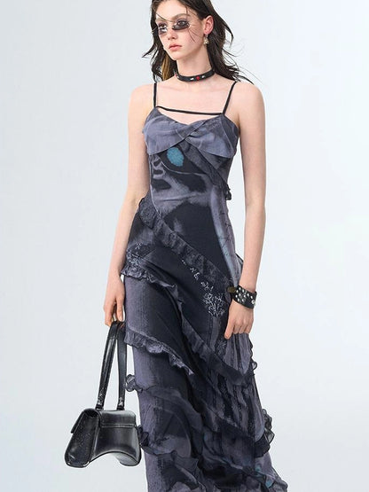 OfAkiva Floral Print Mesh French Slip V-neck Dress