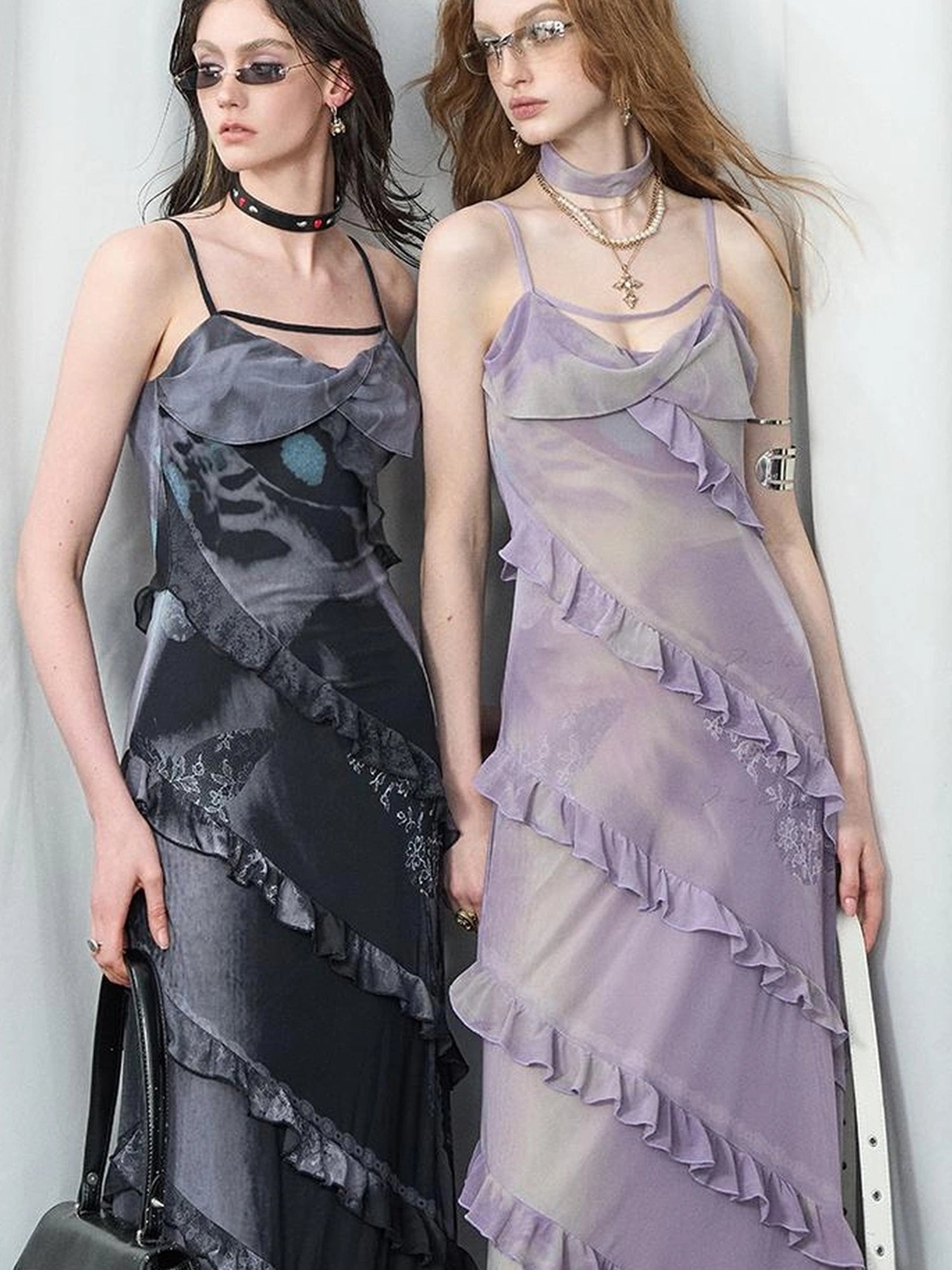 OfAkiva Floral Print Mesh French Slip V-neck Dress