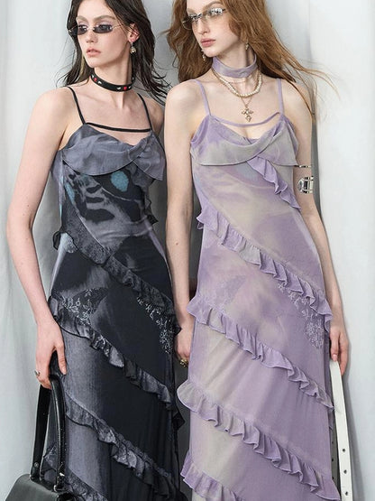 OfAkiva Floral Print Mesh French Slip V-neck Dress