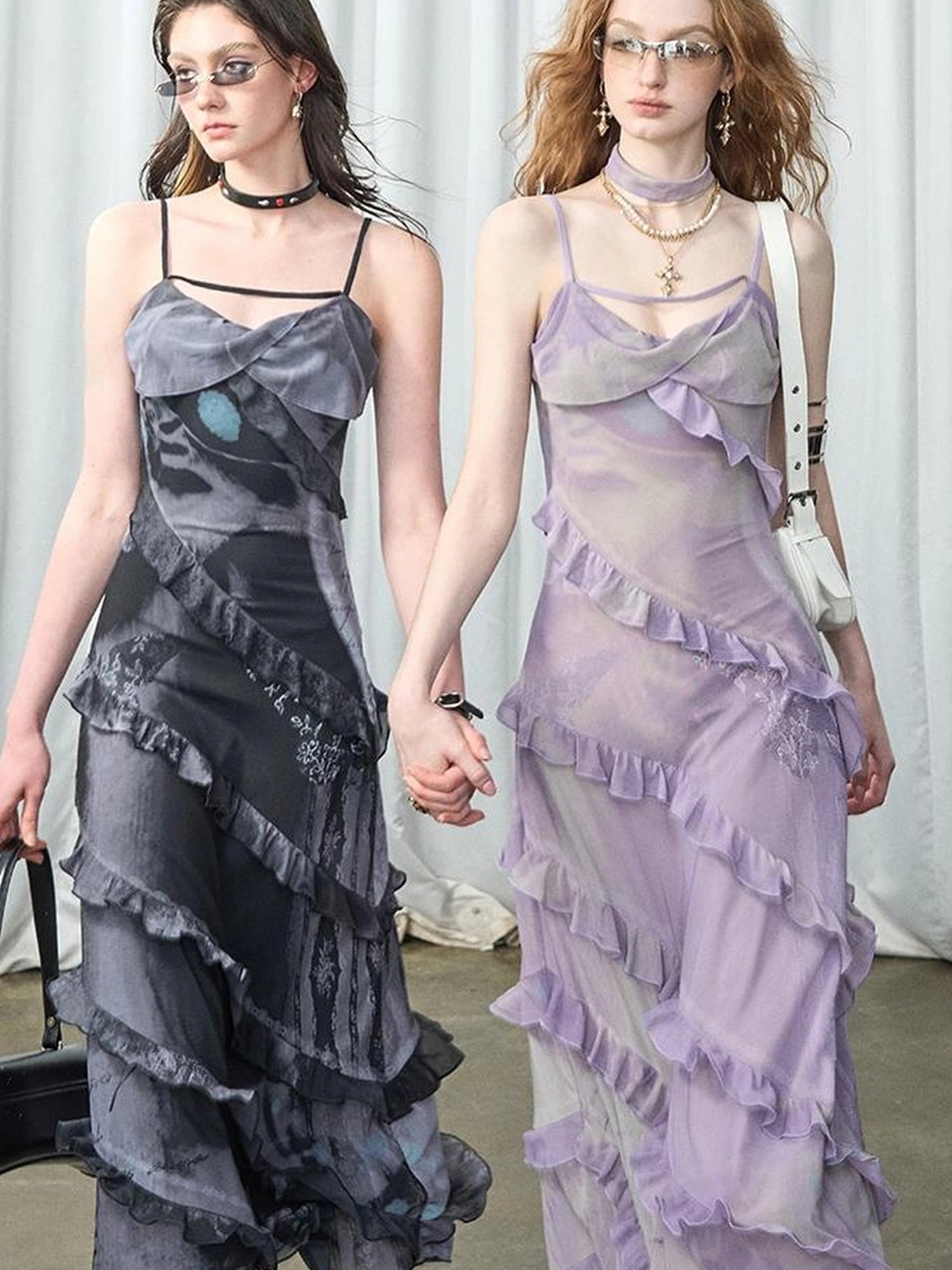 OfAkiva Floral Print Mesh French Slip V-neck Dress