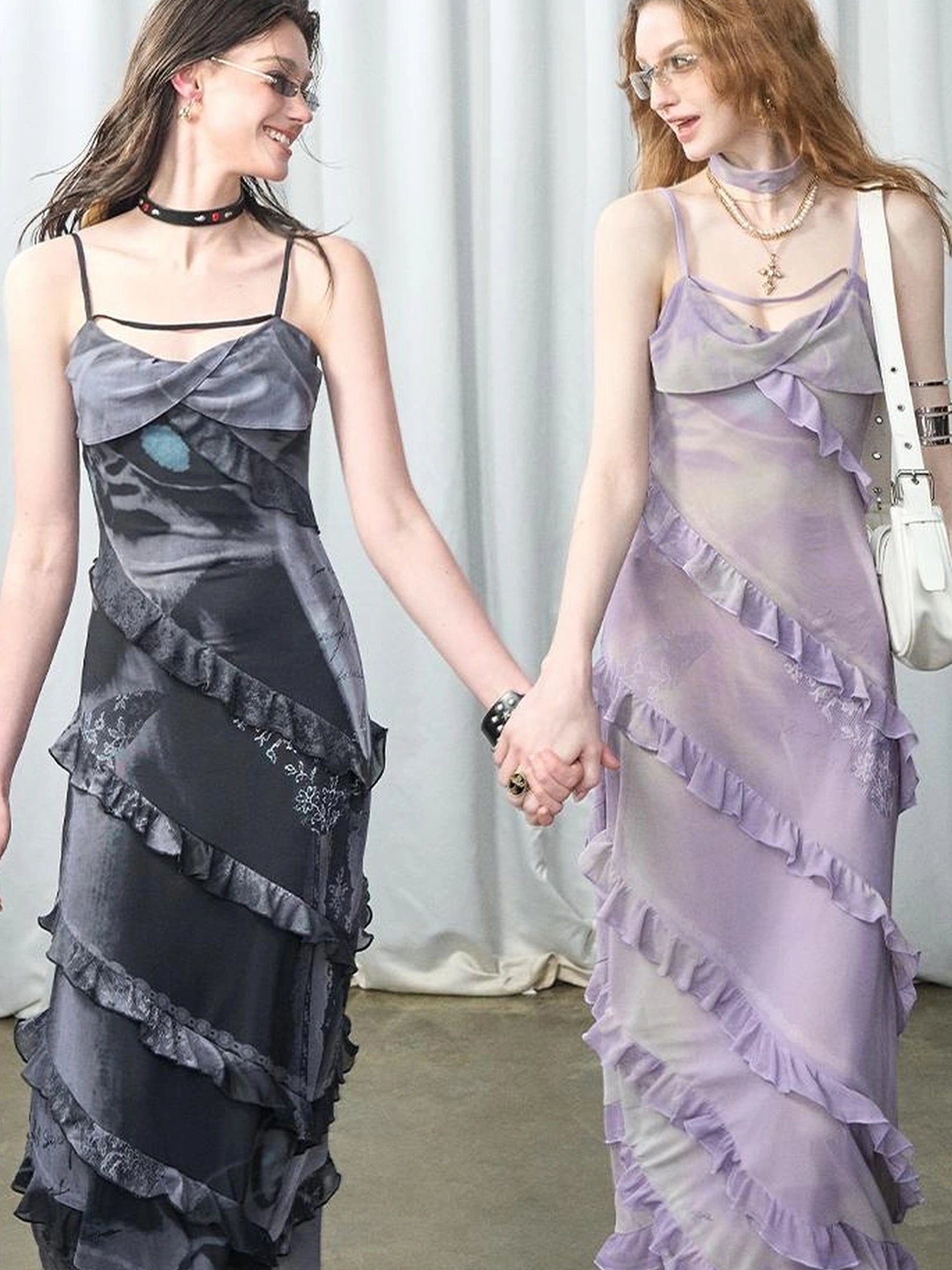 OfAkiva Floral Print Mesh French Slip V-neck Dress