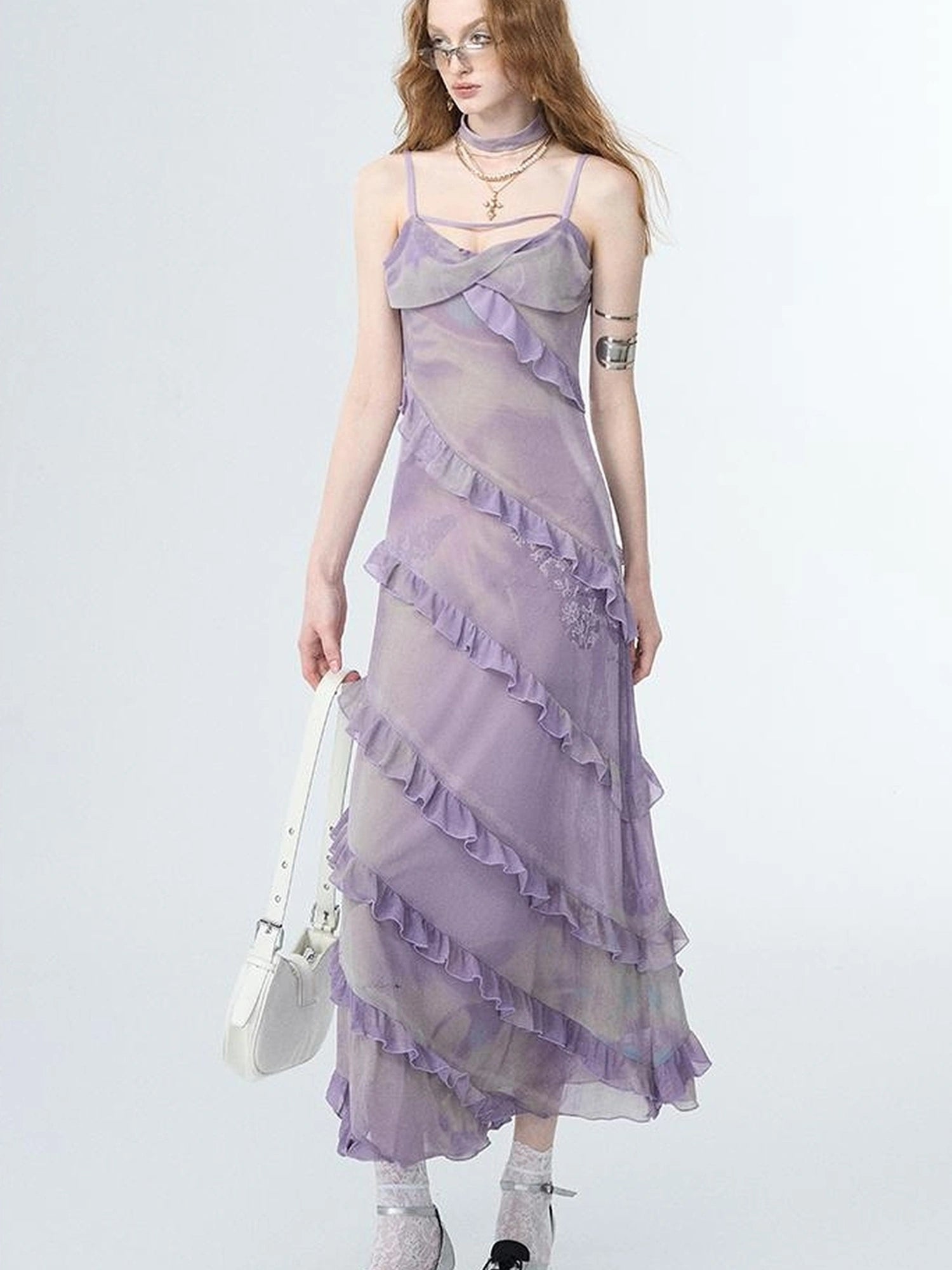 OfAkiva Floral Print Mesh French Slip V-neck Dress