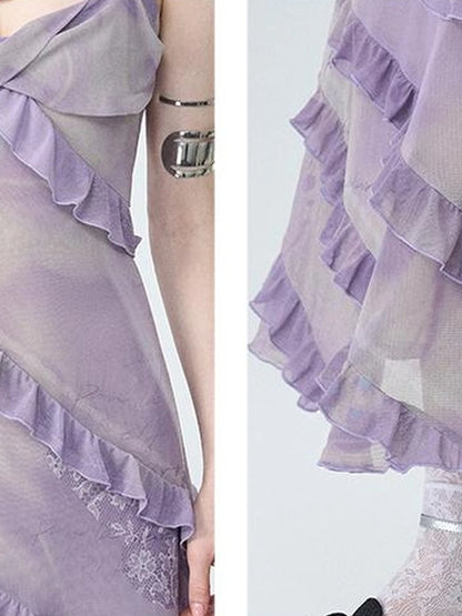 OfAkiva Floral Print Mesh French Slip V-neck Dress