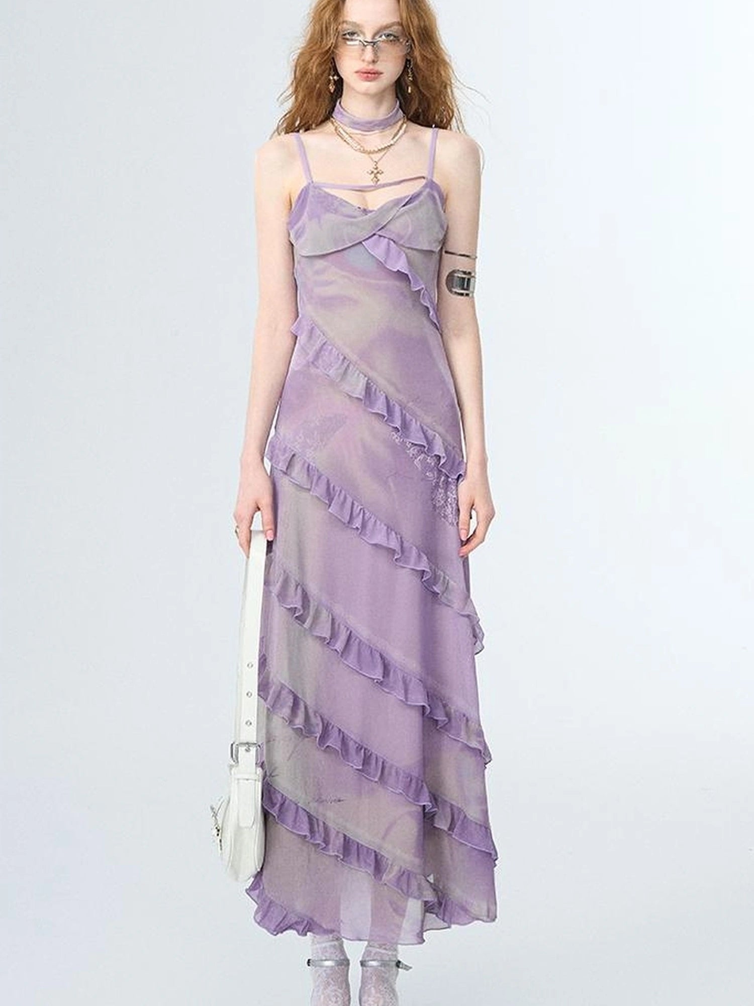 OfAkiva Floral Print Mesh French Slip V-neck Dress