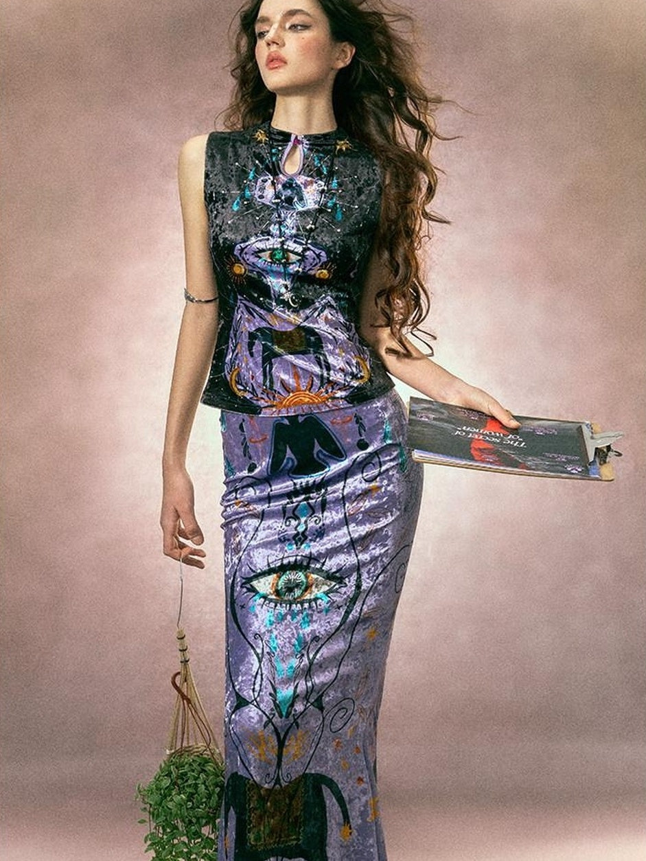 OfAkiva Floral Print Vintage Slim High Waist Maxi Skirt Casual Women Three Piece Suits