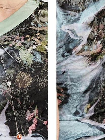 OfAkiva Floral River Print Slant Collar Qipiao Dress