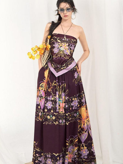 OfAkiva Floral Strapless Flared A Line Slim Fit Two Piece Women&