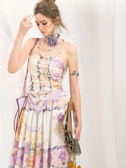 OfAkiva Floral Strapless Flared A Line Slim Fit Two Piece Women&