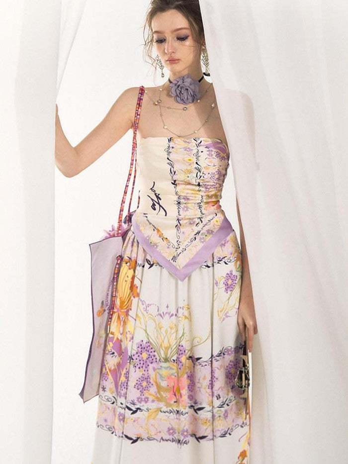 OfAkiva Floral Strapless Flared A Line Slim Fit Two Piece Women&