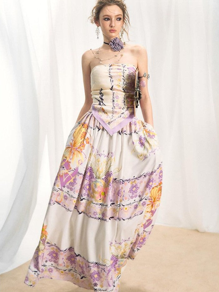 OfAkiva Floral Strapless Flared A Line Slim Fit Two Piece Women&