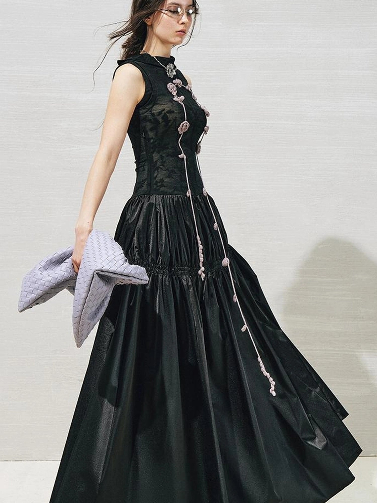 OfAkiva Floral Vine Smocked Floral Print V-neck T-shirt Long Sleeve Dress