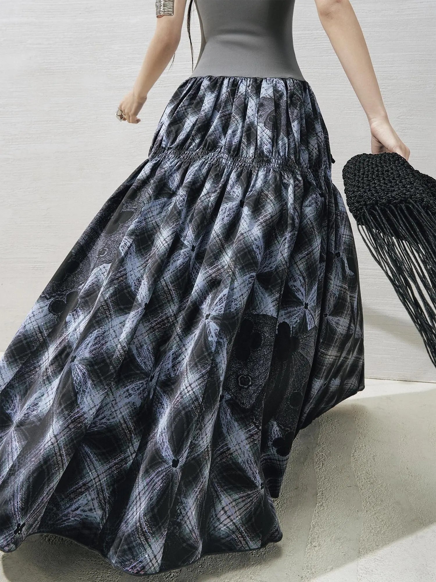 OfAkiva Floral Vine Smocked Floral Print V-neck T-shirt Long Sleeve Dress