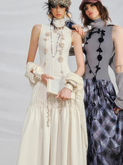 OfAkiva Floral Vine Smocked Floral Print V-neck T-shirt Long Sleeve Dress