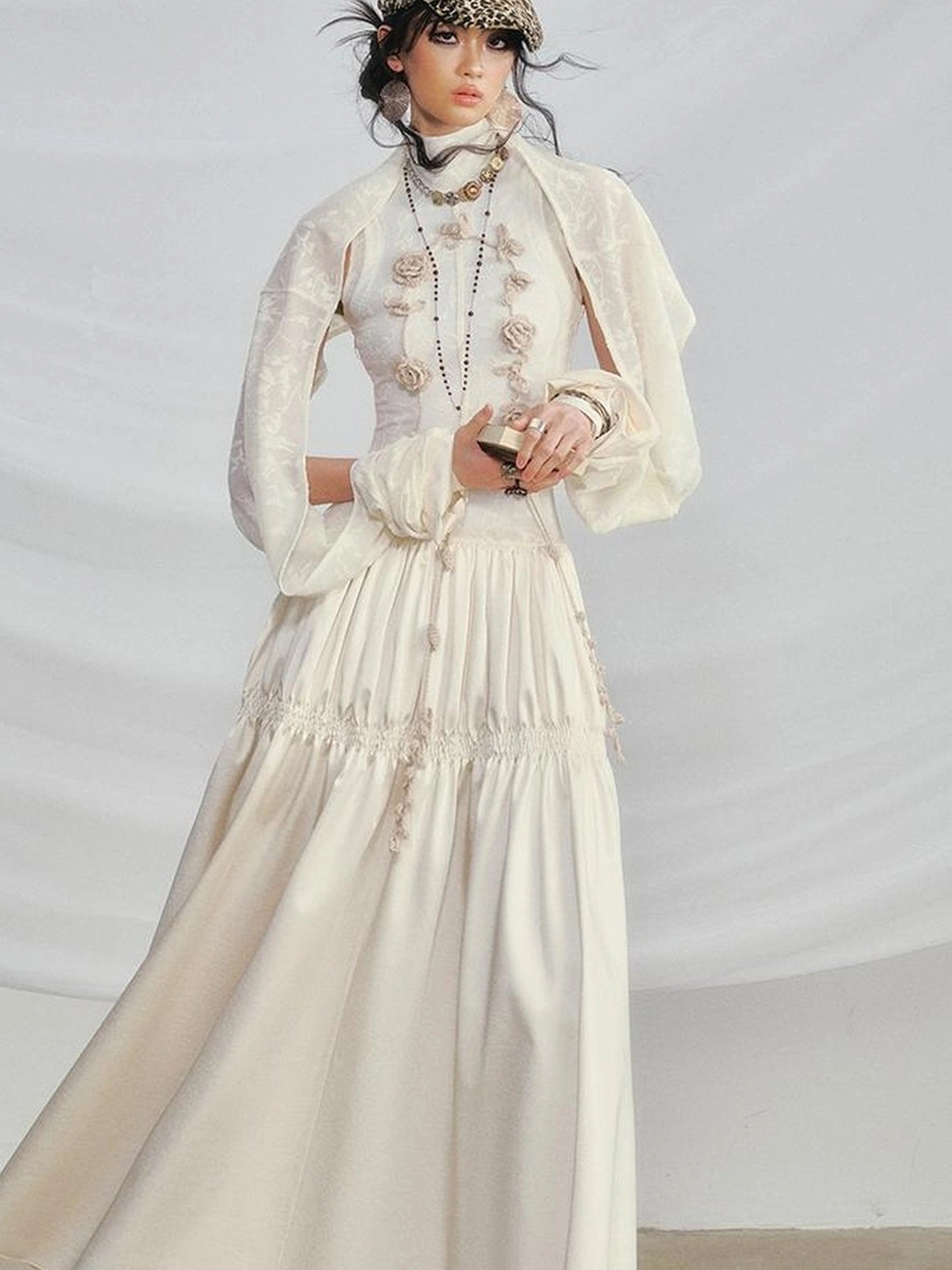 OfAkiva Floral Vine Smocked Floral Print V-neck T-shirt Long Sleeve Dress