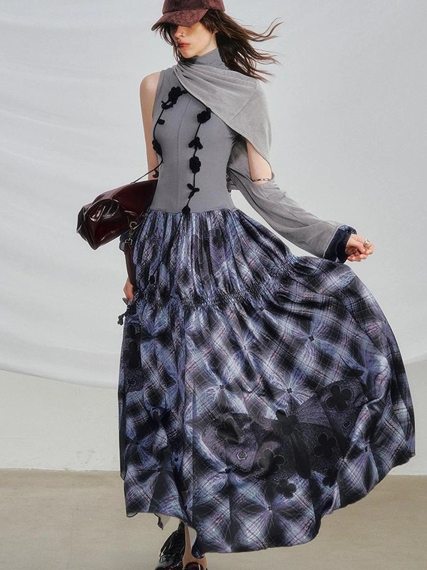 OfAkiva Floral Vine Smocked Floral Print V-neck T-shirt Long Sleeve Dress