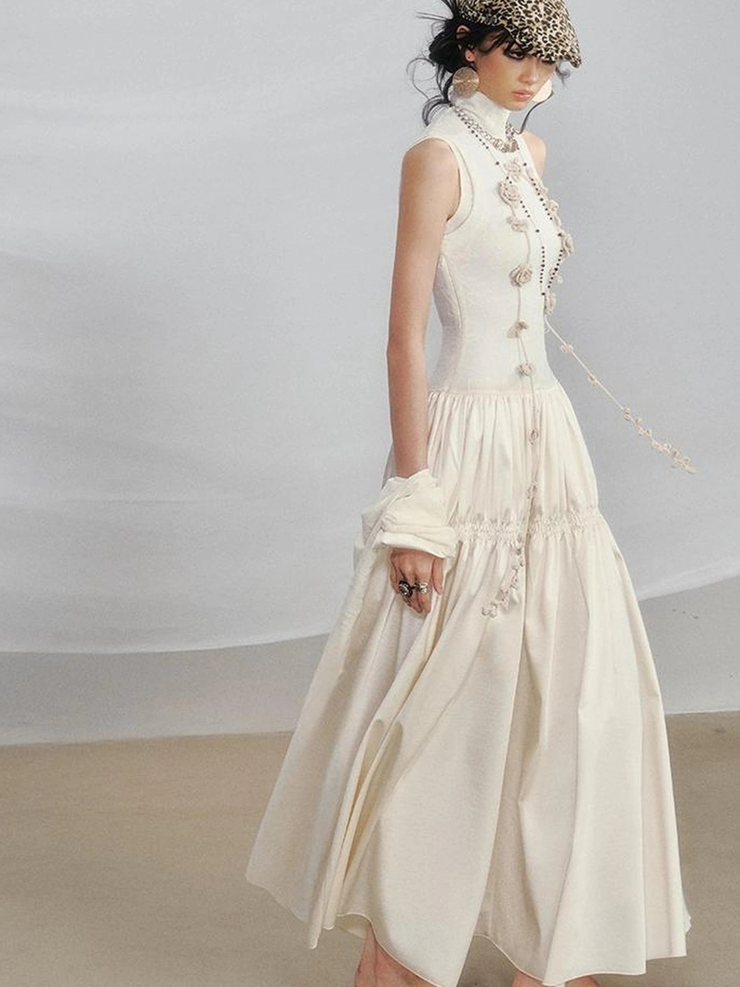 OfAkiva Floral Vine Smocked Floral Print V-neck T-shirt Long Sleeve Dress