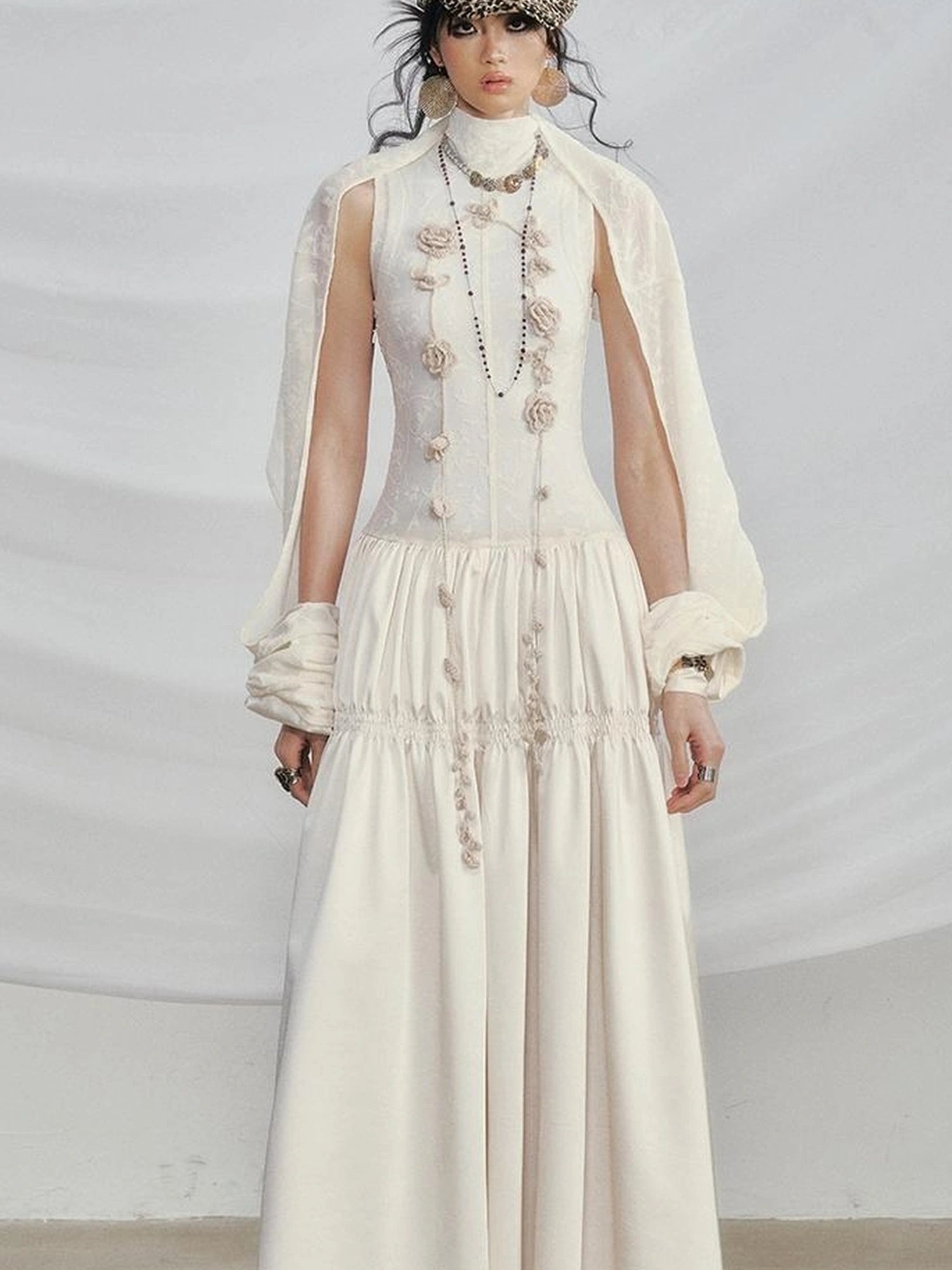 OfAkiva Floral Vine Smocked Floral Print V-neck T-shirt Long Sleeve Dress