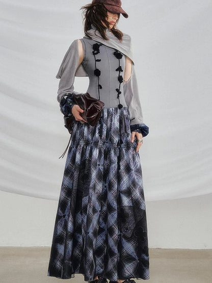 OfAkiva Floral Vine Smocked Floral Print V-neck T-shirt Long Sleeve Dress