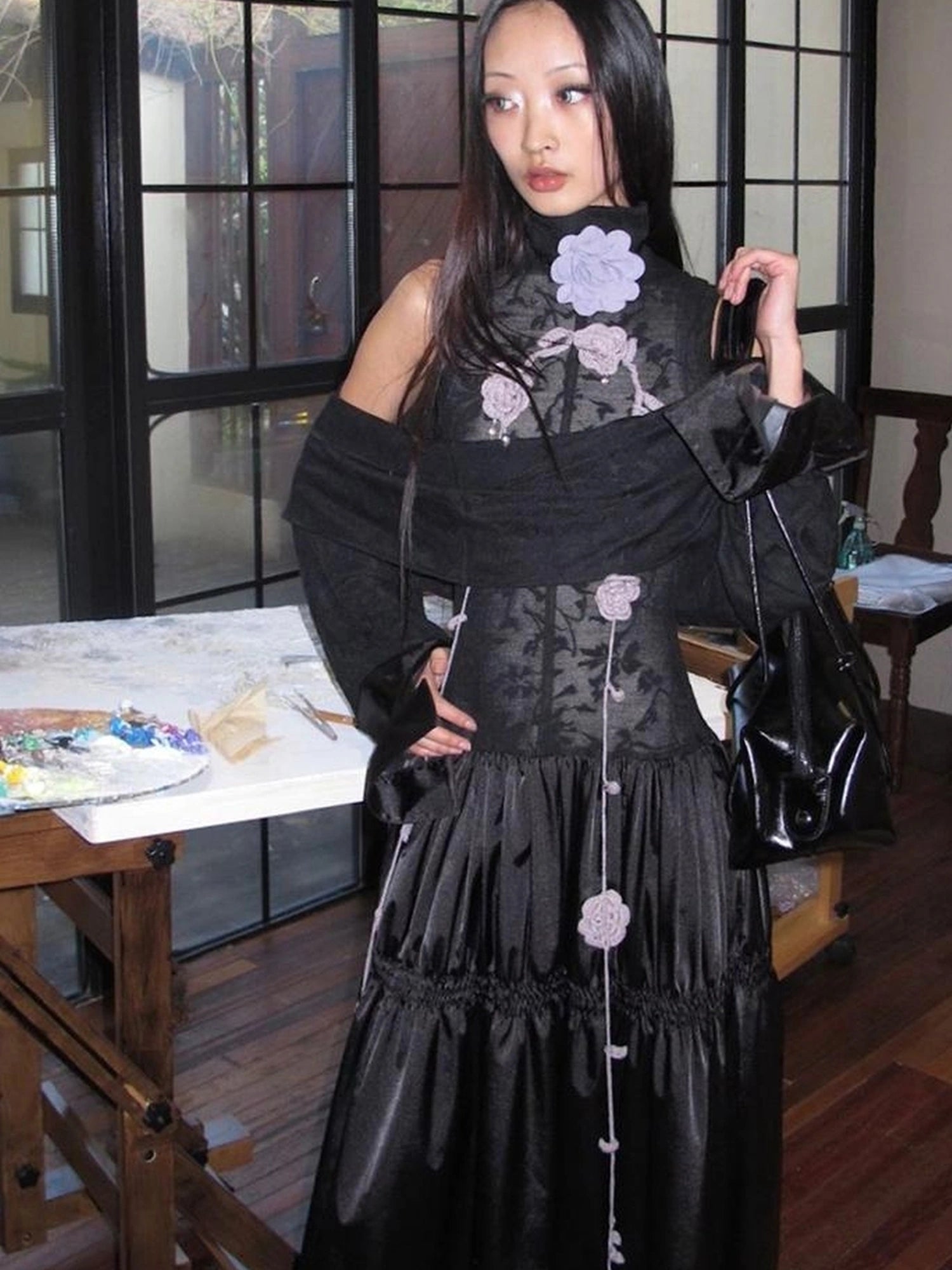 OfAkiva Floral Vine Smocked Floral Print V-neck T-shirt Long Sleeve Dress