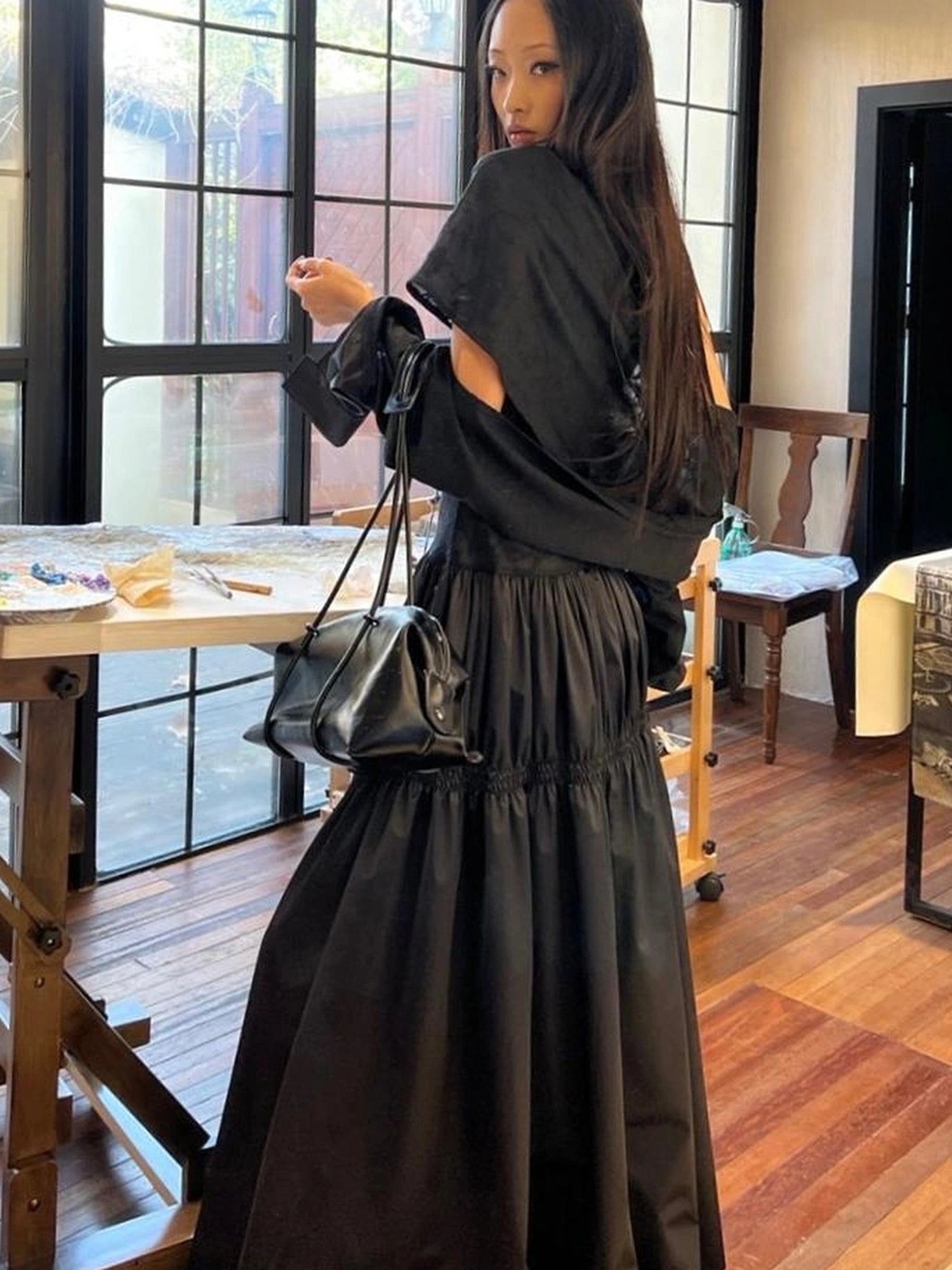 OfAkiva Floral Vine Smocked Floral Print V-neck T-shirt Long Sleeve Dress