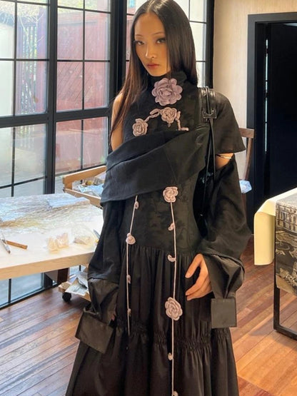 OfAkiva Floral Vine Smocked Floral Print V-neck T-shirt Long Sleeve Dress