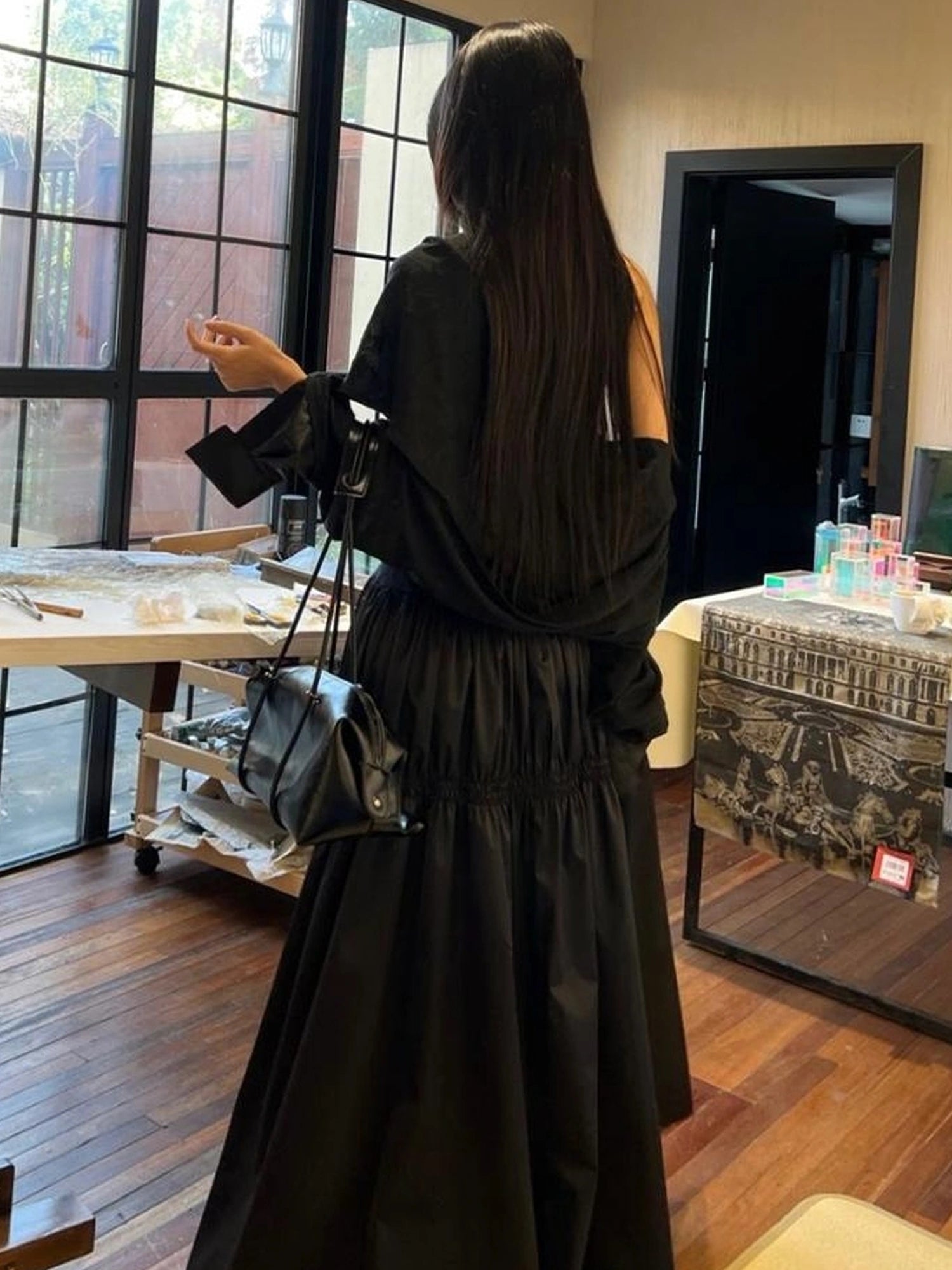 OfAkiva Floral Vine Smocked Floral Print V-neck T-shirt Long Sleeve Dress