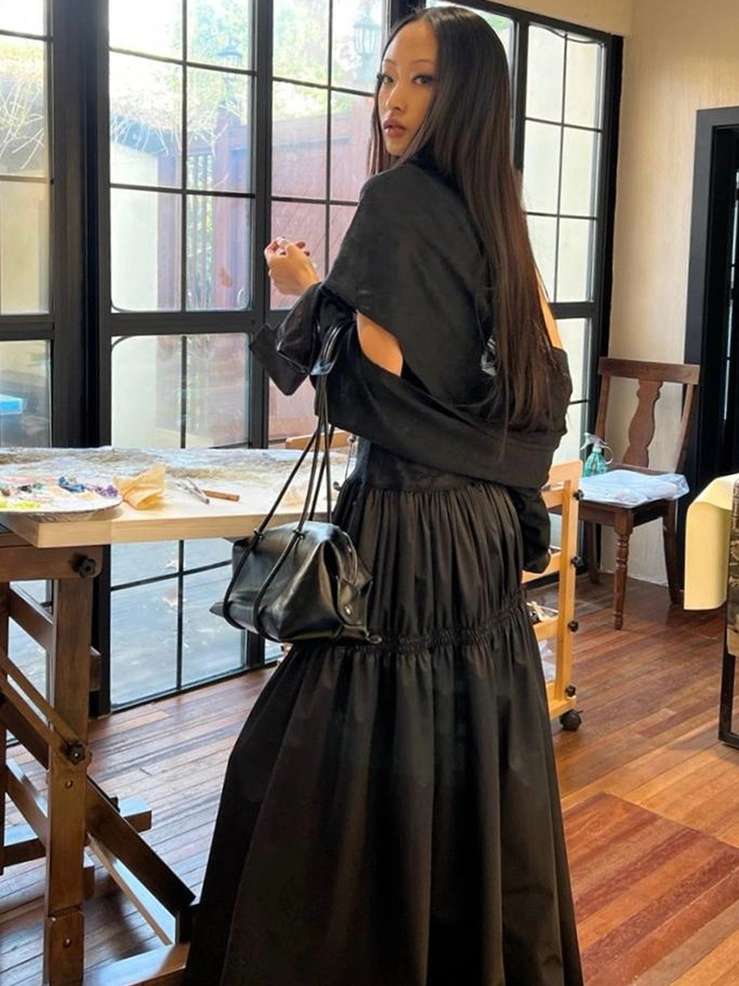 OfAkiva Floral Vine Smocked Floral Print V-neck T-shirt Long Sleeve Dress