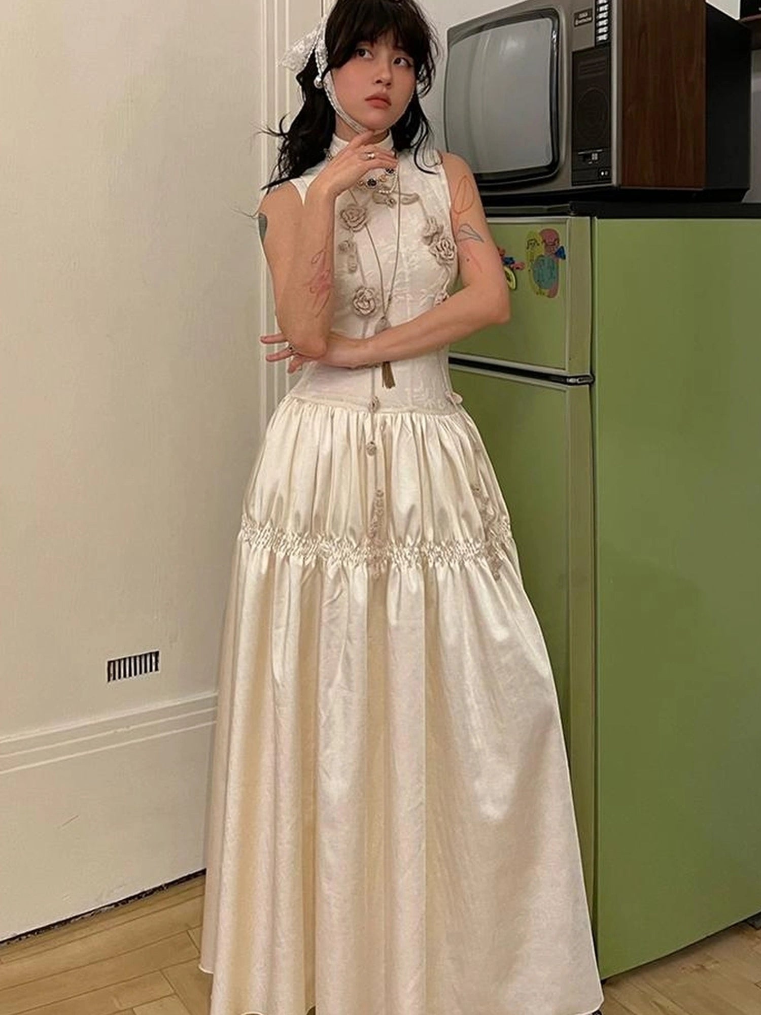 OfAkiva Floral Vine Smocked Floral Print V-neck T-shirt Long Sleeve Dress