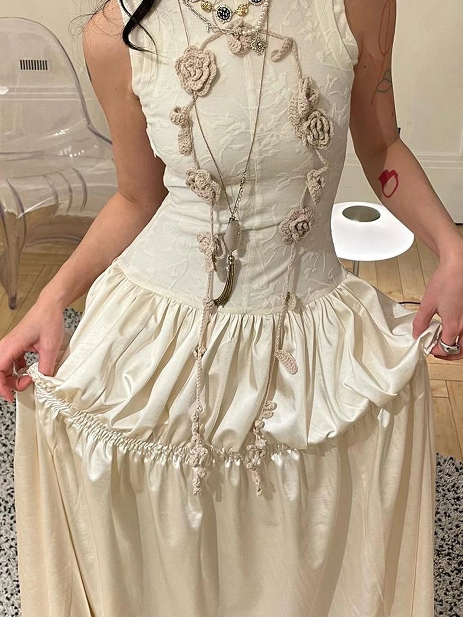 OfAkiva Floral Vine Smocked Floral Print V-neck T-shirt Long Sleeve Dress