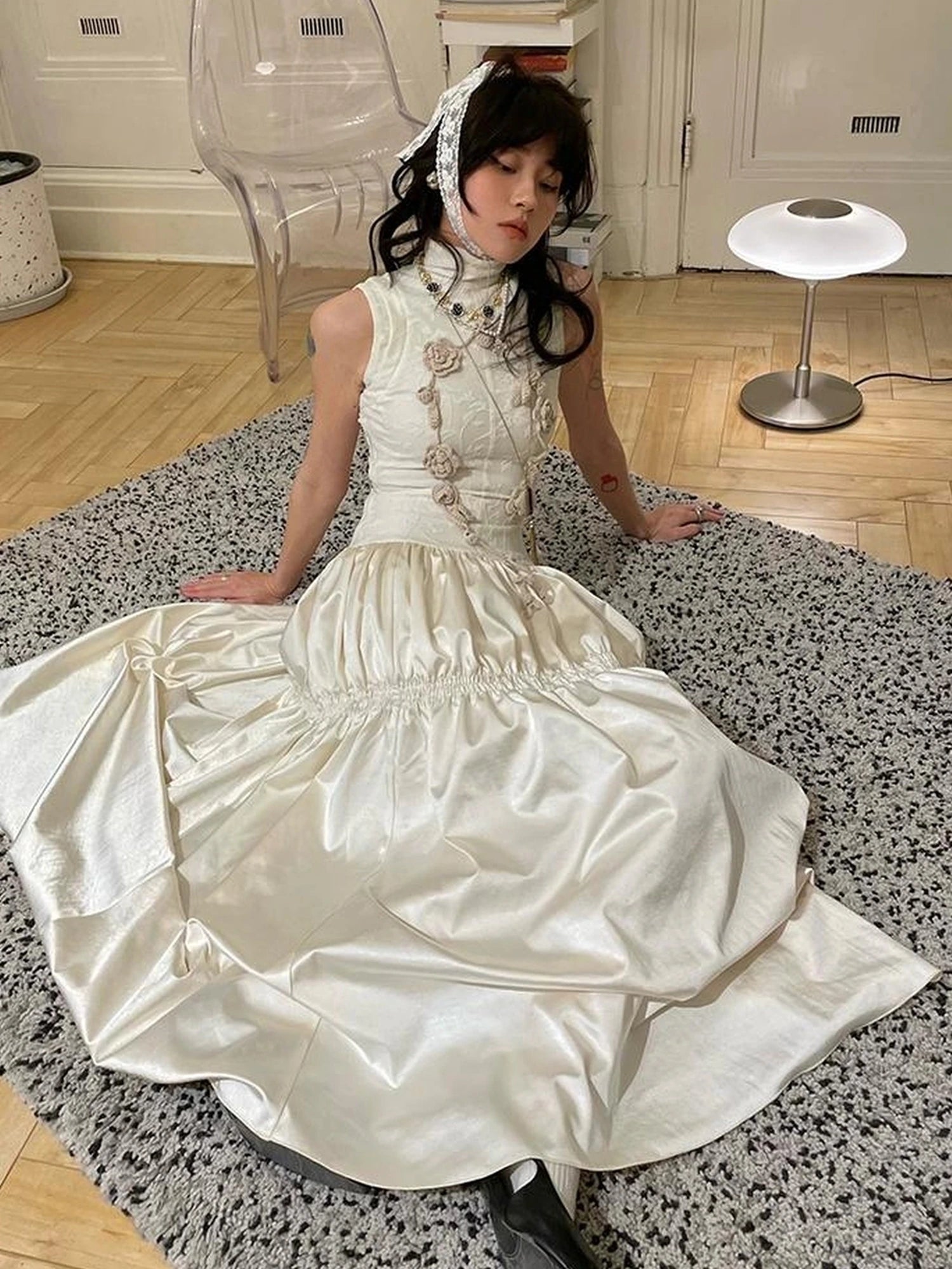 OfAkiva Floral Vine Smocked Floral Print V-neck T-shirt Long Sleeve Dress