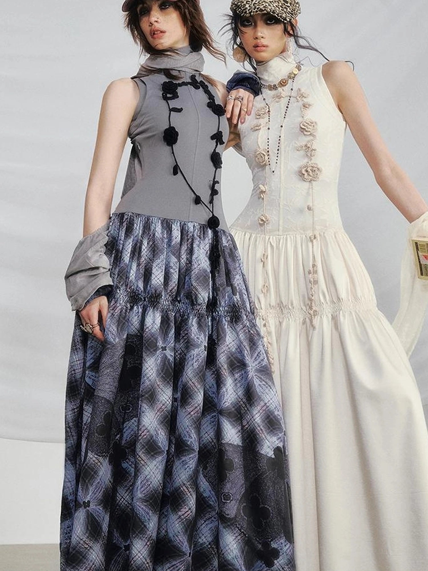 OfAkiva Floral Vine Smocked Floral Print V-neck T-shirt Long Sleeve Dress