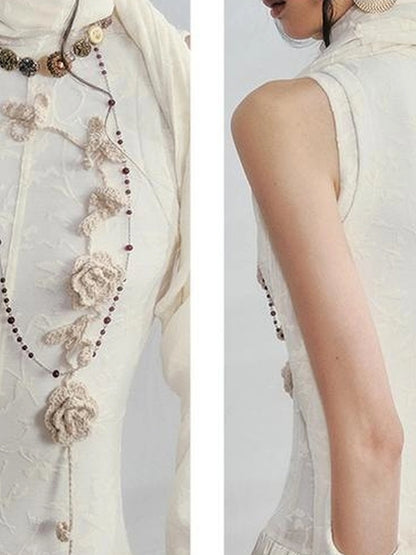 OfAkiva Floral Vine Smocked Floral Print V-neck T-shirt Long Sleeve Dress