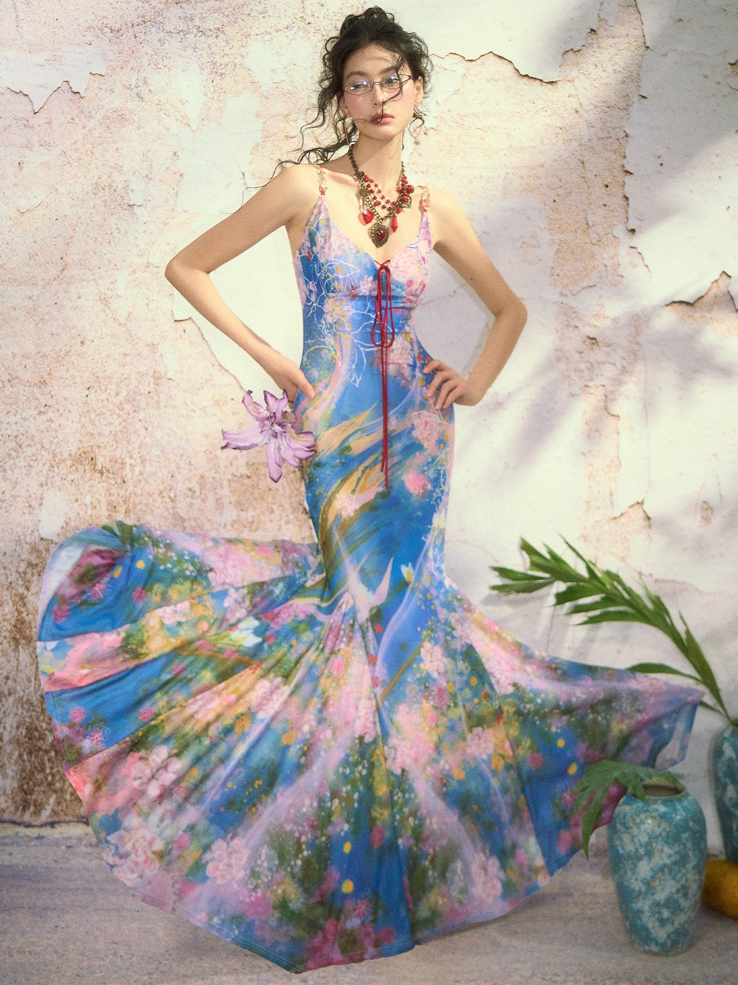 OfAkiva Flowing Oil Painting Floral Print Fishtail Strappy Women&