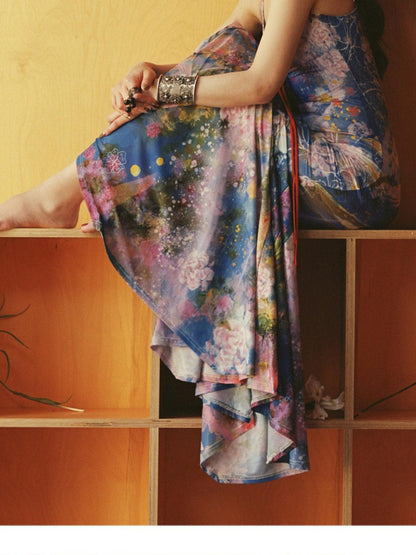 OfAkiva Flowing Oil Painting Floral Print Fishtail Strappy Women&