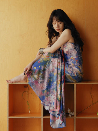 OfAkiva Flowing Oil Painting Floral Print Fishtail Strappy Women&