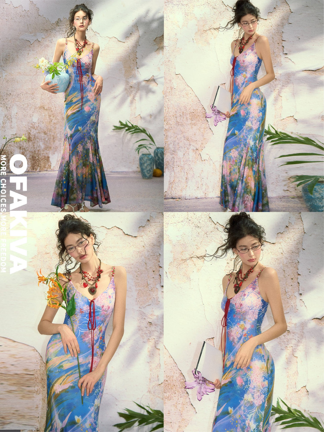 OfAkiva Flowing Oil Painting Floral Print Fishtail Strappy Women&