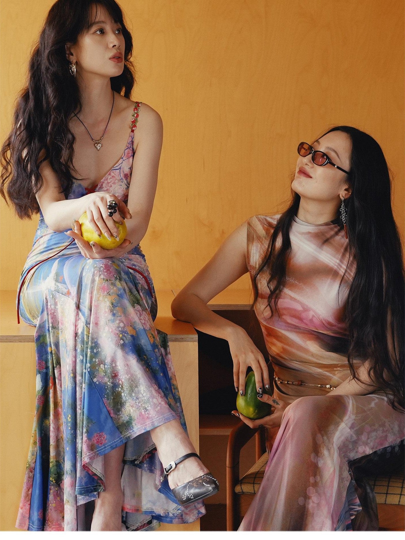 OfAkiva Flowing Oil Painting Floral Print Fishtail Strappy Women&