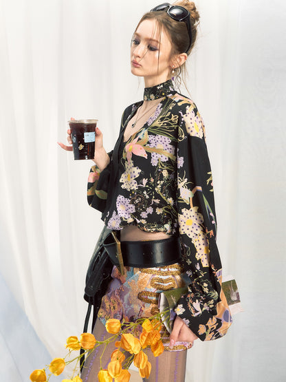 OfAkiva Flowy Printed V-neck Loose Ribbon Tie Women&