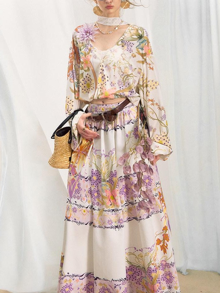 OfAkiva Flowy Printed V-neck Loose Ribbon Tie Women&