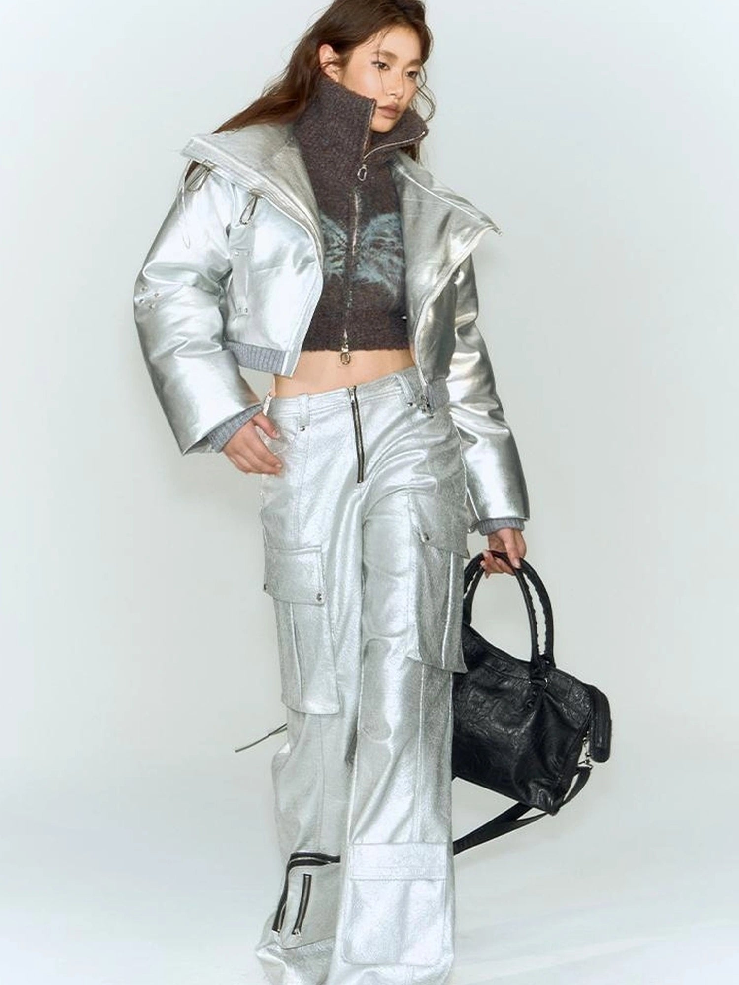 OfAkiva Fluid Sheen Metallic Short Puffer
