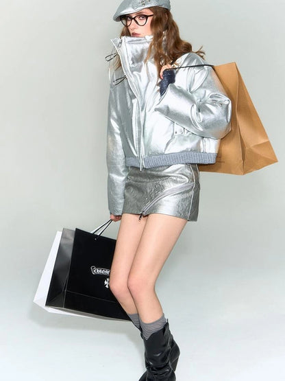 OfAkiva Fluid Sheen Metallic Short Puffer