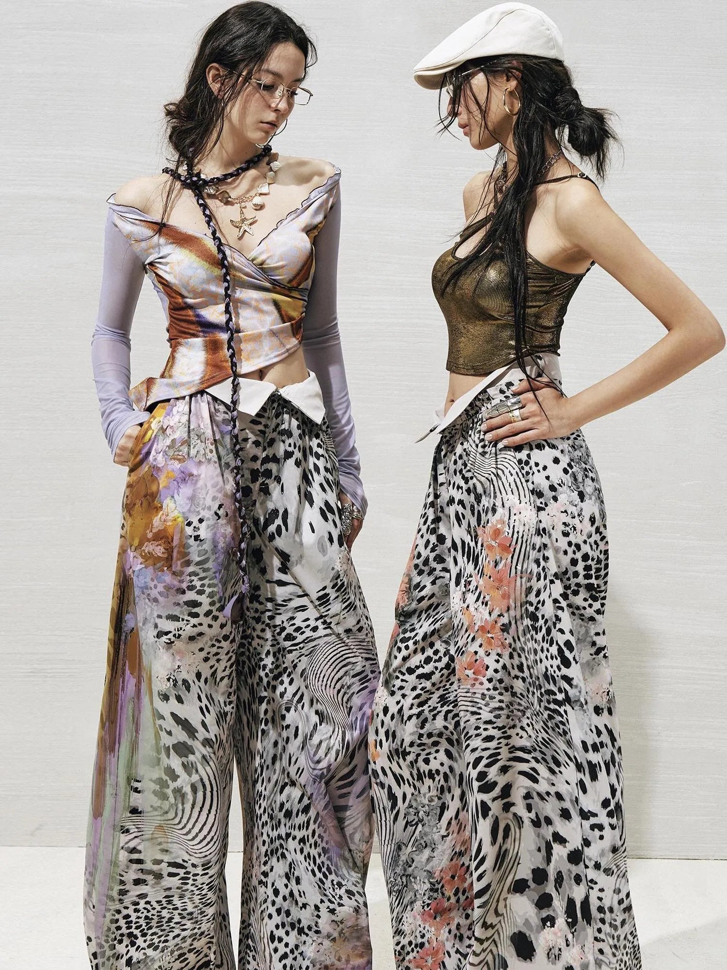 OfAkiva Folded Waist Sickle Pants With Illusion Leopard Print