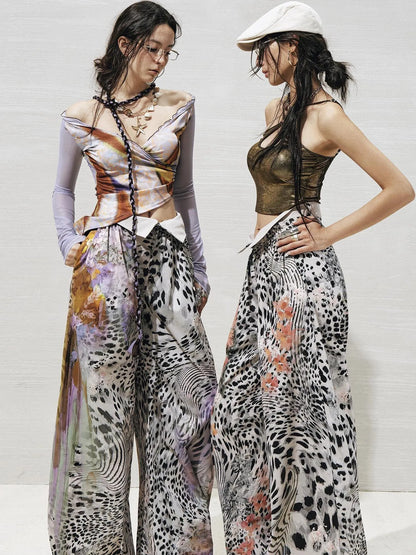 OfAkiva Folded Waist Sickle Pants With Illusion Leopard Print