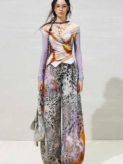 OfAkiva Folded Waist Sickle Pants With Illusion Leopard Print