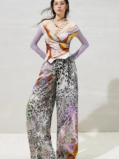 OfAkiva Folded Waist Sickle Pants With Illusion Leopard Print