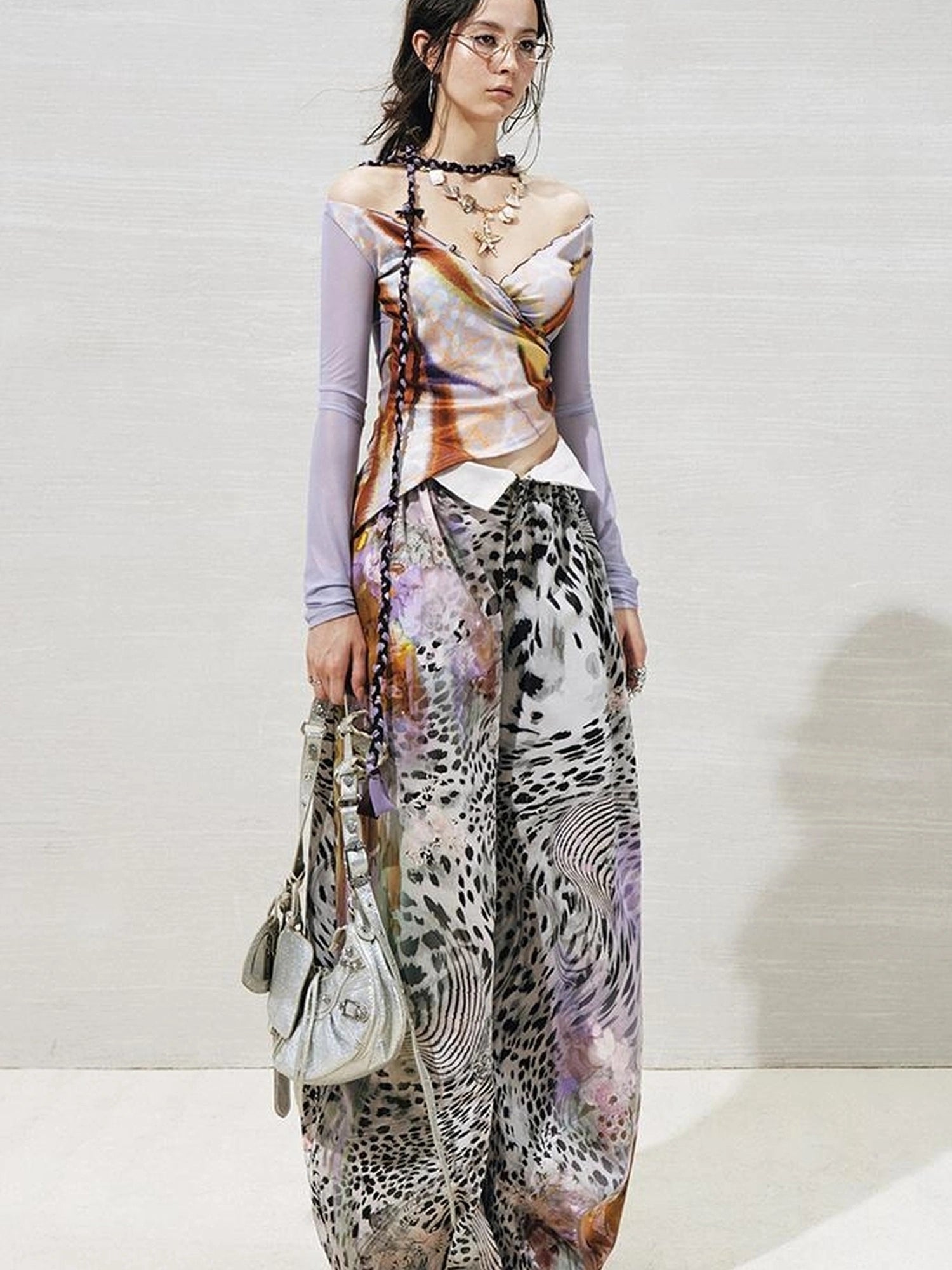 OfAkiva Folded Waist Sickle Pants With Illusion Leopard Print