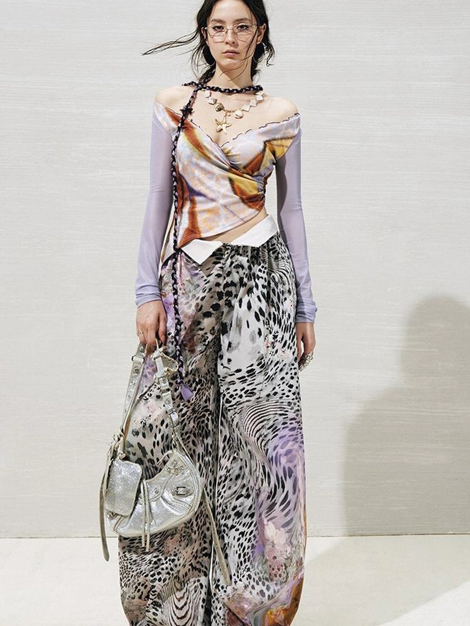 OfAkiva Folded Waist Sickle Pants With Illusion Leopard Print