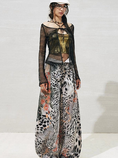 OfAkiva Folded Waist Sickle Pants With Illusion Leopard Print