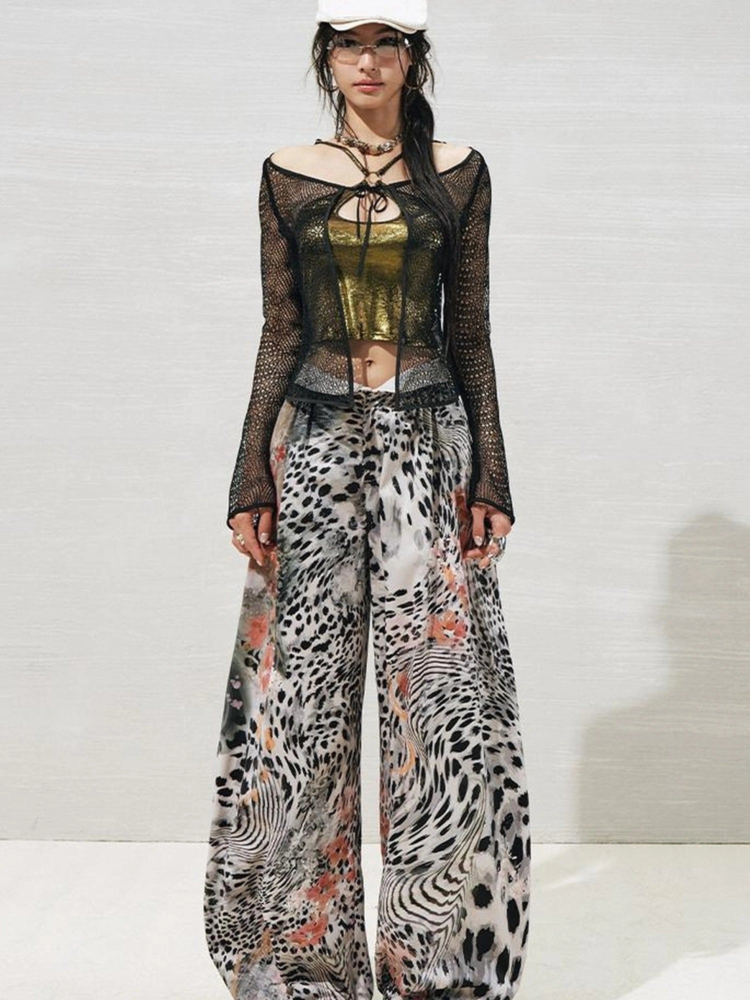 OfAkiva Folded Waist Sickle Pants With Illusion Leopard Print